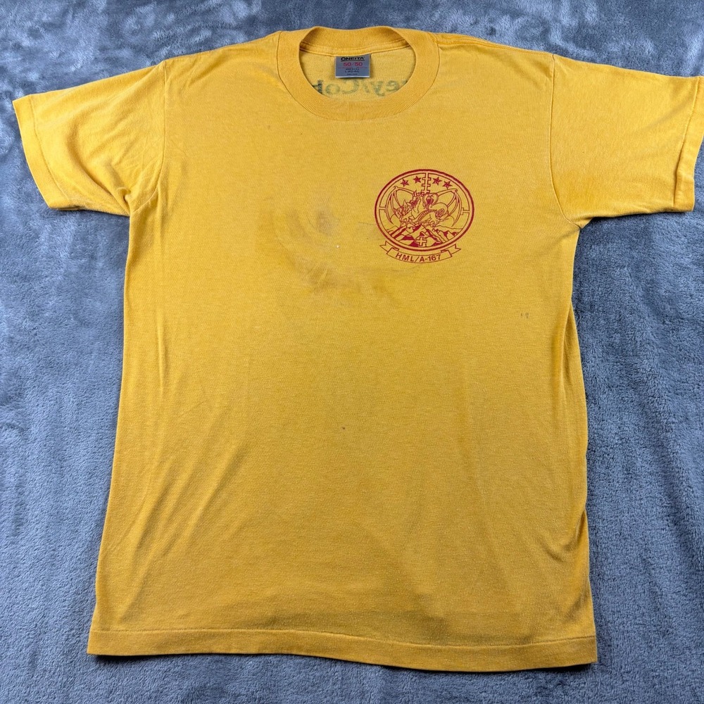 VTG 80's HMLA-167 Huey Cobra Hunter Killer Team Oneita T-Shirt Yellow Single USA - Picture 2 of 12